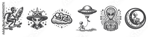 Vintage Hand-Drawn Alien Wearing Hat Illustration, Space Creature Engraved Vector for Sci-Fi and T-Shirt Design