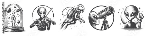 Vintage Hand-Drawn Alien Playing Violin Illustration, Space Creature Engraved Vector for Sci-Fi and T-Shirt Design