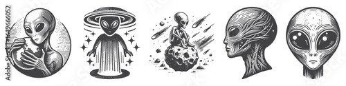 Vintage Hand-Drawn Alien Head Face Illustration, Space Creature Engraved Vector for Sci-Fi and T-Shirt Design