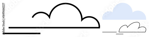 Black line-art cloud contrasted with small blue counterpart and lines suggesting motion or distance. Ideal for weather, nature, simplicity, minimalism, graphics, metaphors, balance. Clean flat