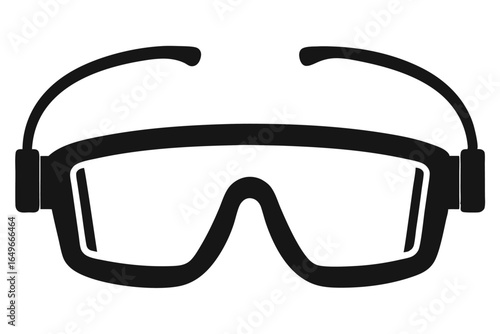 Black Safety Goggles with Curved Frame and Ear Pieces Depicted in a Minimalist Style