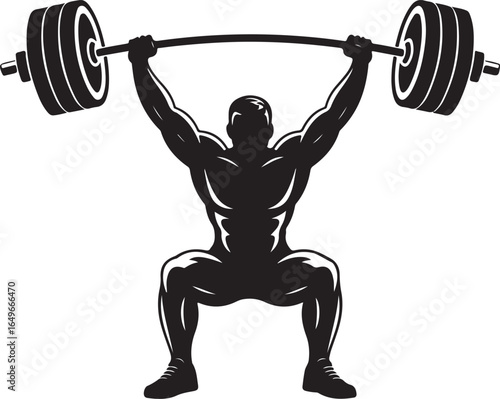 Silhouette of a bodybuilder performing a squat with a barbell overhead fitness bodybuilding