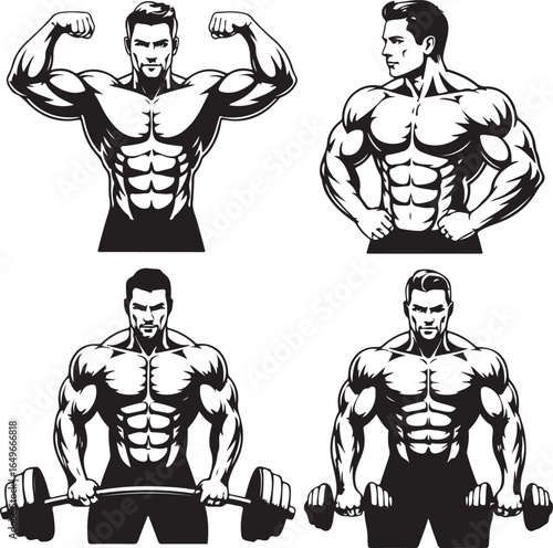 Four Bodybuilder Poses With Dumbbells And Barbell On White Background bodybuilding fitness