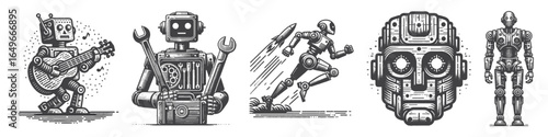 Vintage Hand-Drawn Robot Playing Guitar Illustration, Futuristic Character Engraved Vector for Sci-Fi and T-Shirt Design