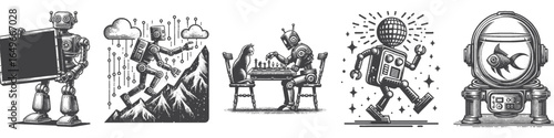 Vintage Hand-Drawn Robot Playing Chess With Cat Illustration, Futuristic Character Engraved Vector for Sci-Fi and T-Shirt Design