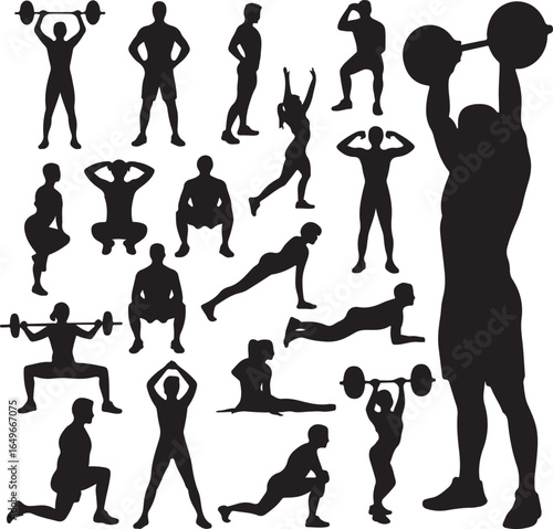 Diverse collection of black silhouettes of people exercising with weights fitness exercise