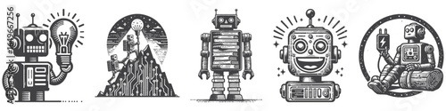 Vintage Hand-Drawn Robot With Stack Of Books Illustration, Futuristic Character Engraved Vector for Sci-Fi and T-Shirt Design