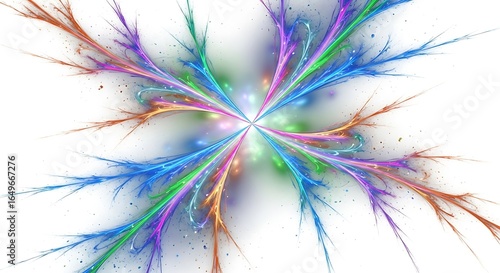 Vibrant abstract fractal explosion of colorful sparks and light, isolated on a clean white background