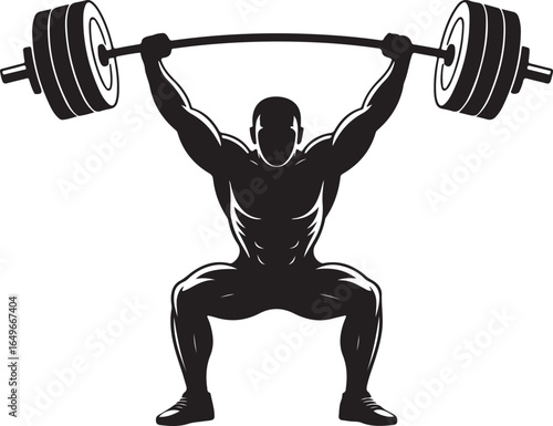 Silhouette of muscular man performing a barbell squat in black and white weightlifting strength