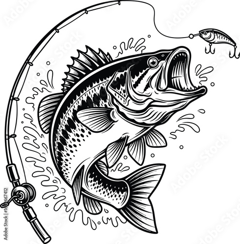 A bold black and white illustration of a bass fish hooked and jumping