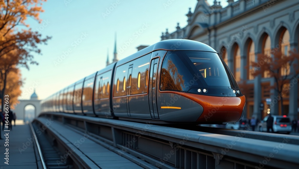 Fototapeta premium Modern train on elevated tracks urban setting transport photography autumn ambiance side view innovation in transit