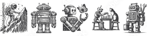 Vintage Hand-Drawn Robot Playing With Butterfly Illustration, Futuristic Character Engraved Vector for Sci-Fi and T-Shirt Design