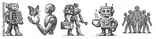 Vintage Hand-Drawn Robot As Mechanic Illustration, Futuristic Character Engraved Vector for Sci-Fi and T-Shirt Design
