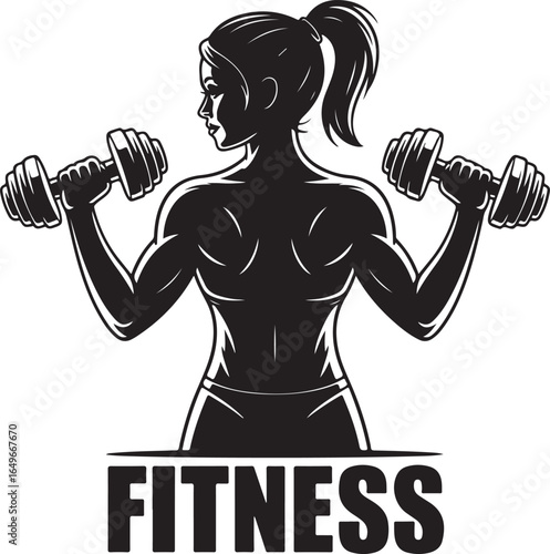 Silhouette of a fit woman with dumbbells and the word fitness Keywords: fitness, woman, silhouette