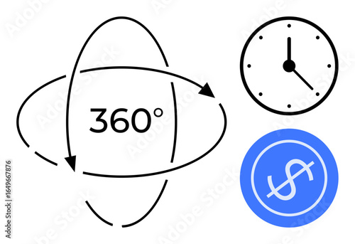 Circular arrows around 360-degree symbol, analog clock, and dollar sign suggest efficiency, time management, financial turnover, business strategy. Ideal for productivity, planning, growth