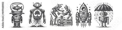 Vintage Hand-Drawn Aquarium Robot Illustration, Futuristic Character Engraved Vector for Sci-Fi and T-Shirt Design