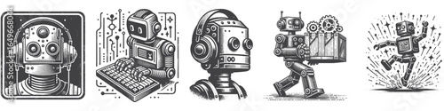 Vintage Hand-Drawn Robot Head Illustration, Futuristic Character Engraved Vector for Sci-Fi and T-Shirt Design