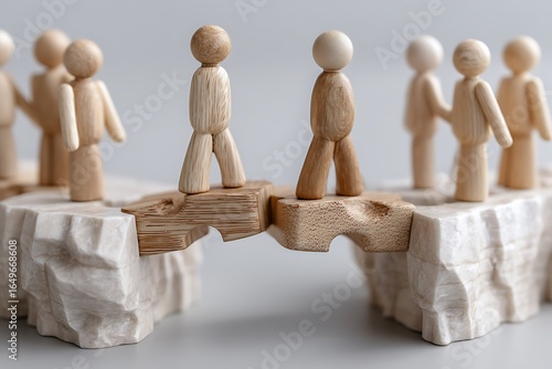 Figures standing on interlocking puzzle pieces, building bridges across gaps, symbolizing teamwork and collaboration, embodying unity, trust, and shared goals.