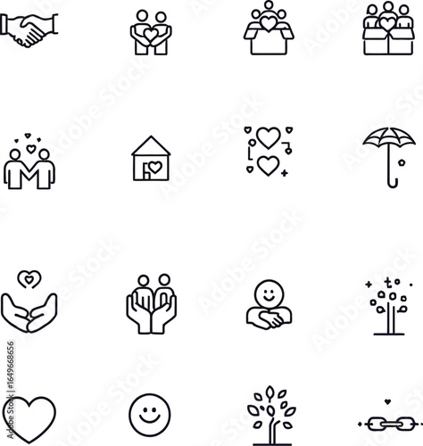 Relationship and Care Icon Set Featuring Hearts, People, Trees, Homes, and Symbols of Love, Unity, and Emotional Connection