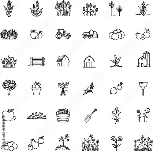 Agriculture Icon Set Featuring Line Art of Crops, Fruits, Tools, Tractors, Barns, and Farming Elements for Rural and Eco Design
