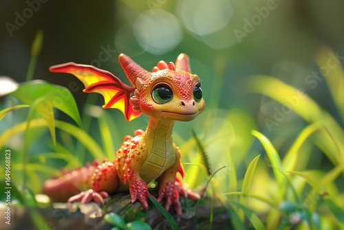 a cute adorable baby dragon lizard 3D Illustation stands in nature in the style of children-friendly cartoon animation fantasy style