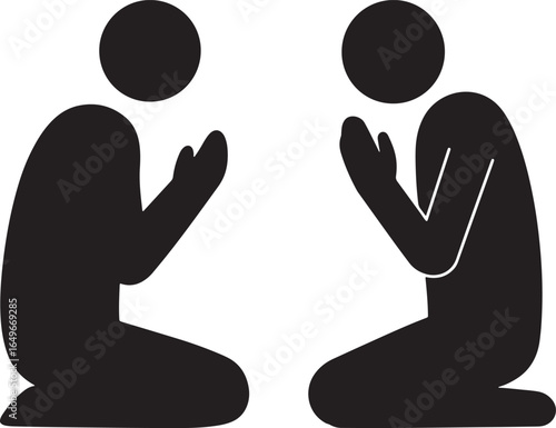Two figures in silhouette kneeling and praying with hands raised in devotion silhouette