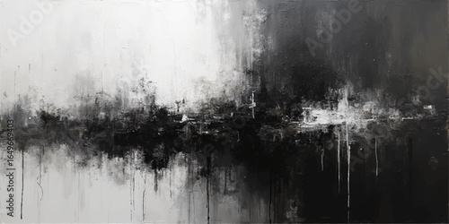 Black grunge texture of dark rain drops on a cloudy window with a stormy, misty landscape in the background