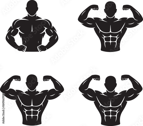 Muscular Bodybuilder Silhouettes Flexing Biceps and Showing Abs Keywords: bodybuilder, silhouette