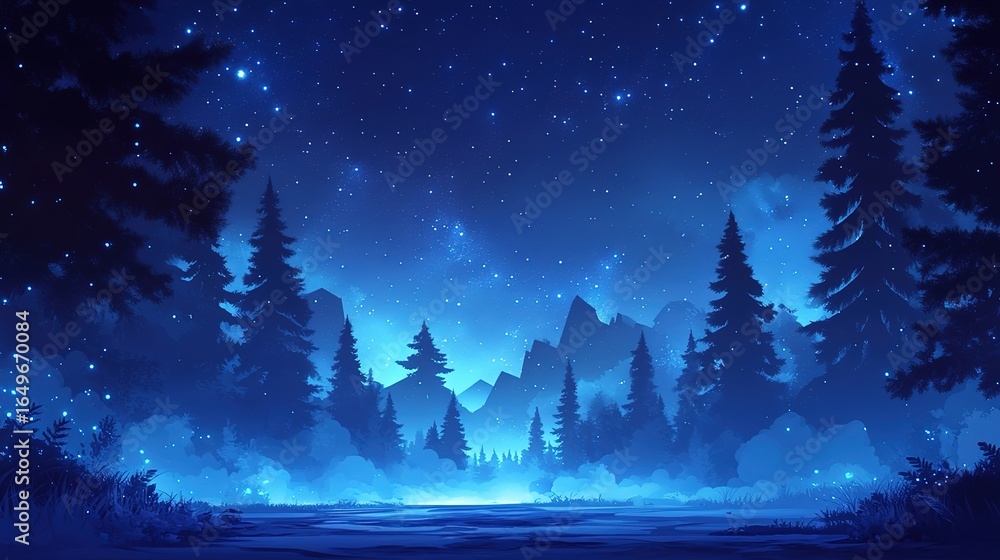 Fototapeta premium Nighttime Forest Landscape with Star - filled Sky and Mountains