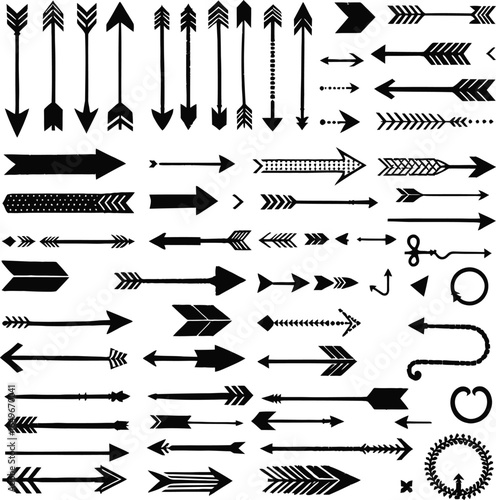 Arrow Icon Collection Featuring Straight, Curved, Ornate, and Patterned Designs in Black for Graphic and Decorative Use