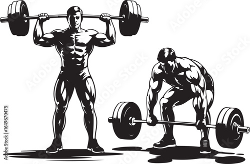 Muscular man lifting barbell and man in squat position with barbell weightlifting strength