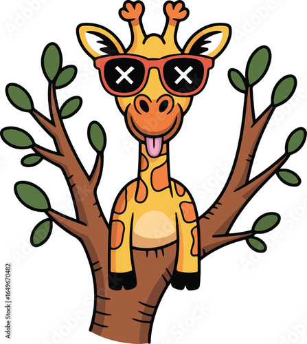 A cool giraffe wearing sunglasses on a tree. The giraffe is sticking out its tongue and has an adventurous expression