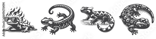 Vintage Hand-Drawn Fire Salamander With Fire Flame Illustration, Mythical Creature Engraved Vector for Fantasy and T-Shirt Design