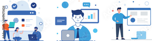 Virtual Meeting and Remote Collaboration with Business Team – Flat Vector Illustration
