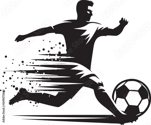  A high-contrast black and white illustration of a dynamic soccer player silhouette depicted in action, kicking a ball with artistic motion lines