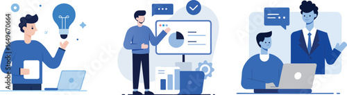 Virtual Meeting and Remote Collaboration with Business Team – Flat Vector Illustration