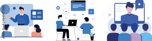 Remote Work Icon Set – Flat Design for Home Office and Virtual Meetings