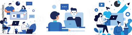 Remote Work Icon Set – Flat Design for Home Office and Virtual Meetings