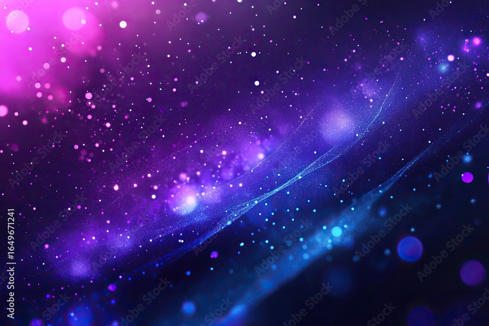 Fototapeta premium Abstract vibrant cosmic background. Bokeh, shimmering, and textured. Deep purples, blues, and pinks. Scattered glowing particles