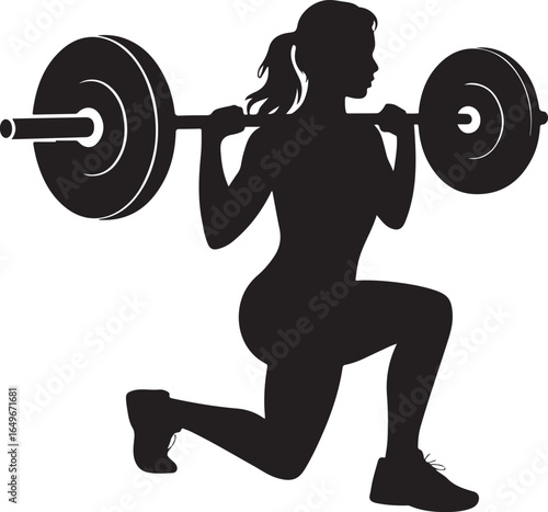 Female Silhouette Doing Lunges with Barbell on Shoulders on White Background woman girl