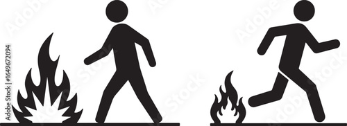Two people in silhouette one walking calmly past a fire the other running away from flames