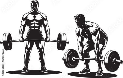 Muscular men lifting barbells in silhouette style, one standing, one squatting weightlifting