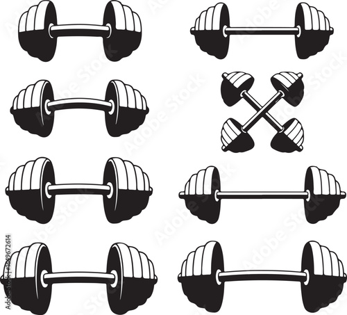 Collection of black and white dumbbells and barbells for fitness weightlifting strength training