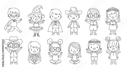Collection of Outline Children in Various Costumes for Coloring Book