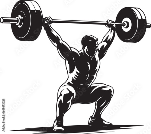 Muscular man in silhouette lifting a barbell overhead in a squat weightlifting strength