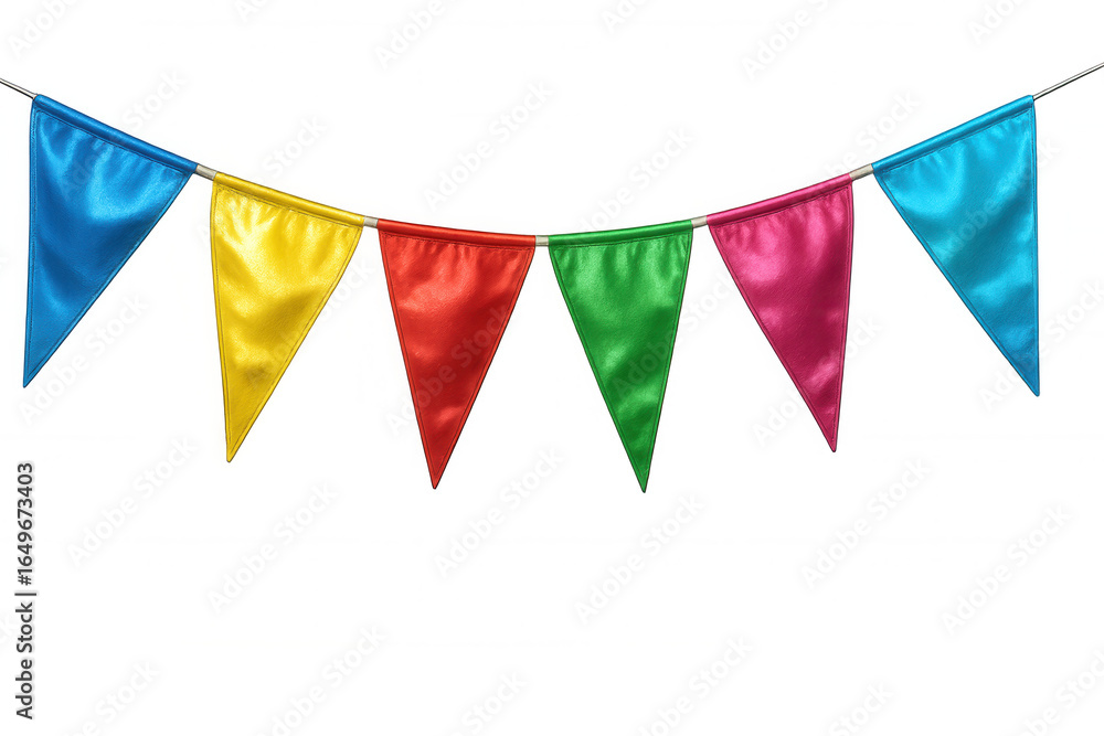 Fototapeta premium String of colorful triangular party flags hanging against a transparent background, perfect for festive overlay designs