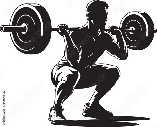 Silhouette of a muscular man performing a barbell squat in a gym weightlifting strength training