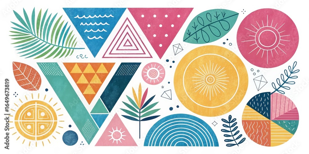 Fototapeta premium Geometric Tropical Pattern with Sun, Leaves and Waves ,pattern, abstract