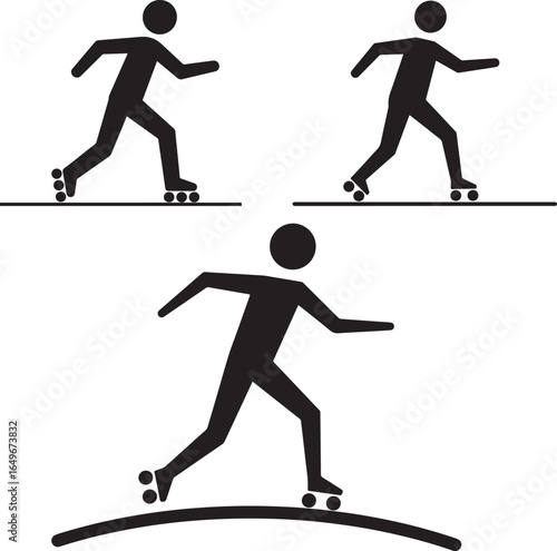 Three dynamic stick figure silhouettes of people roller skating silhouette