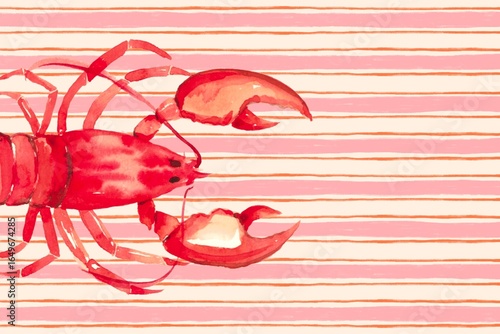 Illustration of lobster on striped background. Summer, Italy, Amalfi, Mediterranean pattern for poster, card, wall art. Hand drawn watercolor.
